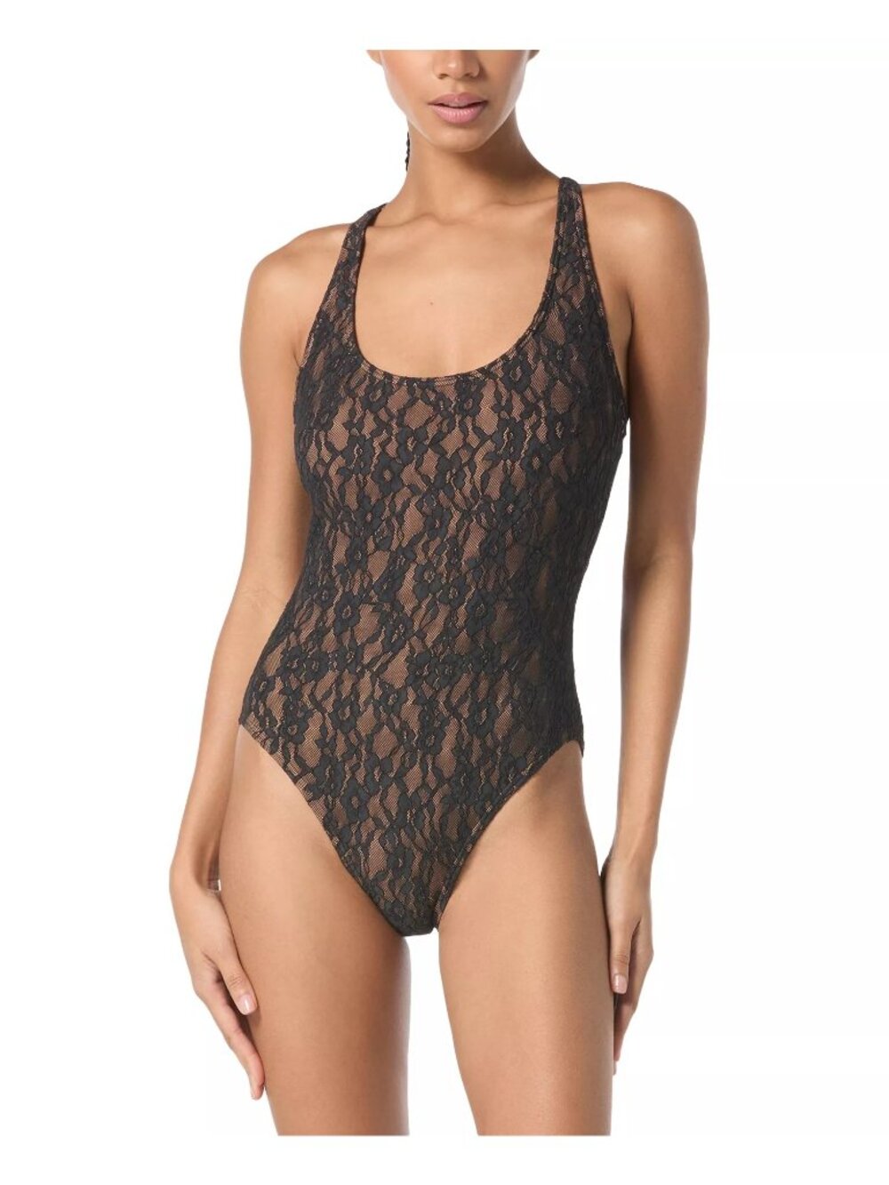NWT Michael Michael Kors Floral Lace One Piece Swimsuit Black Womens Size 10 US